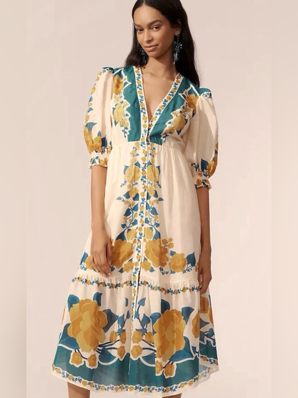FARM Rio Anthropologie Cream Teal Yellow floral midi dress Size: L